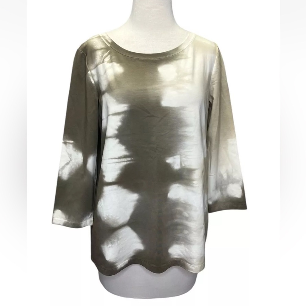 Lafayette 148 Medium 3/4 Sleeve Tshirt Taupe Brown Cream Tie Dye Cotton Stretch
